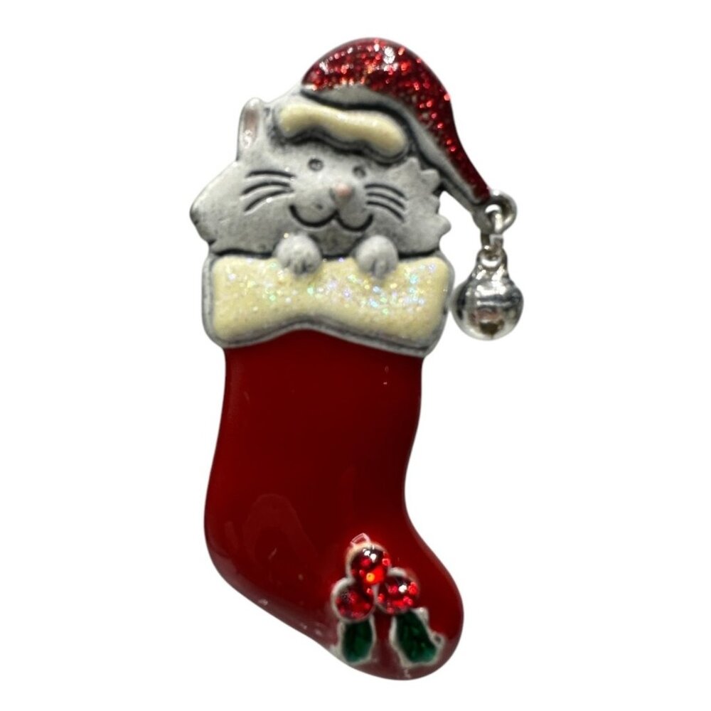 Vintage Christmas Cat In Stocking Brooch Bell Rhinestones KC Jewelry Accessory